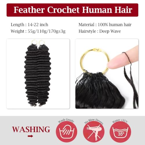 LOLly Hair 1B# 16 Inch Feather Human Crochet Hair Pre-Looped 110g Deep Wave