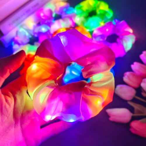 8 PCS Light up Scrunchies for Girls, Glow in the Dark Party Supplies, 3 Glow Mode Satin Scrunchy, LED Hair Accessories for Birthday Party, Rave Party, Festival & Sleepover Party