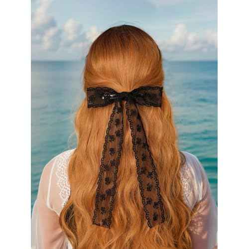 4Pcs Large lace Hair Clips for Women Girls,Lace Tassel Bows Metal Clips with Long Tail Ribbons,Cute Hair Bows Barrette for Hair Accessories(Black,White)