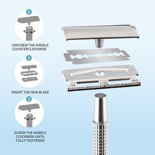 Gearhub Double Edge Safety Razor Reusable Stainless Metal Wet Shaving Razor with 10 Swedish Platinum Blades for Men Women Barber Bikini Armpit Hair, Silver GR131