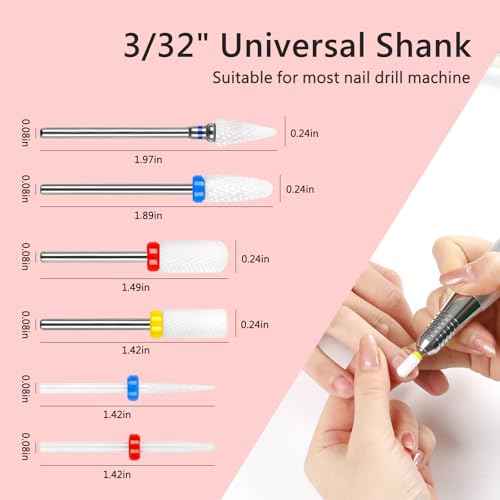 BQAN Nail Drill Bits Set, 6Pcs 3/32 In Drill Bit for Nail Tech Ceramic Bits for Remove Cuticle Acrylic Gel Polish Nail Manicure