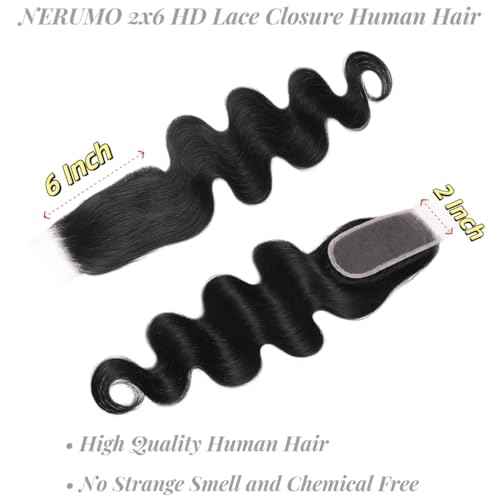 2x6 HD Lace Closure Body Wave Human Hair Transparent 2 by 6 HD Lace Closure 14Inch 100% Brazilian Virgin Unprocessed Middle Part Human Hair Kim K Closure With Baby Hair Natural Color