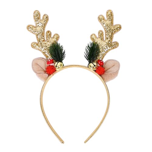 TIMMOKO Christmas Headbands for Women Girls Gold Elk Antler Hair Bands Teddy Bear Ear Headband with Jingle Bells Glod Glitter Full Cover Hair Bands Christmas Headbands