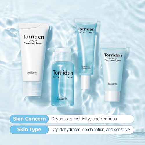 Torriden DIVE-IN Trial Kit, Hyaluronic Acid Infused Daily Skincare Kit - 4 Step Regimen with Foam Cleanser, Facial Toner, Serum, and Cream | Vegan, Hypoallergenic Korean Skin Care