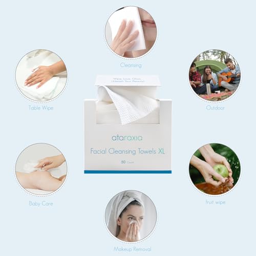 ataraxia Disposable Face Towels XL, Cotton Clean Towel for Face Travel Pack of 50, 10x12'' Extra Thick Soft Facial Cleansing Towelettes Wipes for Drying | Washing | Skin Care | Makeup Removing