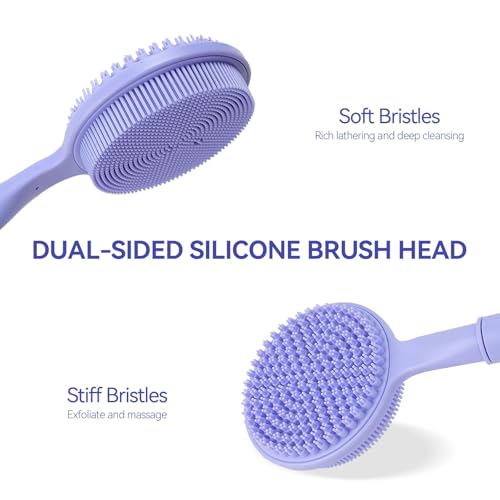 Back Scrubber for Shower, (16-24 Inch) Extendable Bath Brush Long Handle for Shower, Silicone Body Scrubber with Handle, Back Brush for Shower Men and Women,Easy to Clean (Purple)