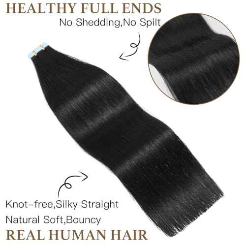 Sunfly Tape in Hair Extensions Human Hair 24 Inch Jet Black 20 Pieces Invisible Hair Extensions Tape Ins Seamless Adding Length 50g
