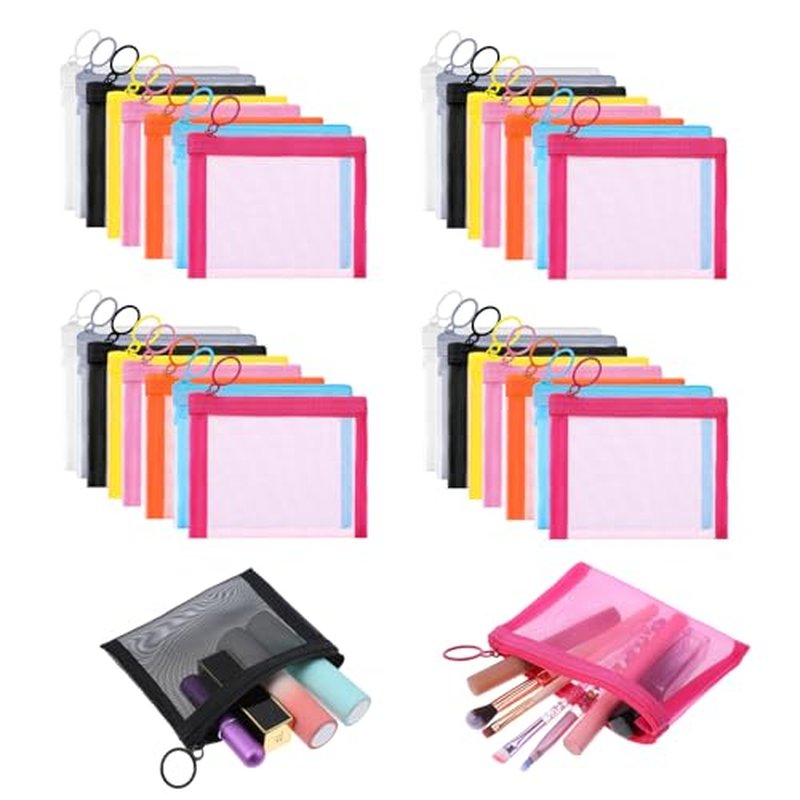 32 Pcs Mini Zipper Mesh Bags Lipstick Cosmetic Accessories Organizer Nylon Makeup Zipper Pouch Small Cosmetic Bag for Purse Beauty Mesh Travel Pouch for Women(8 Color)