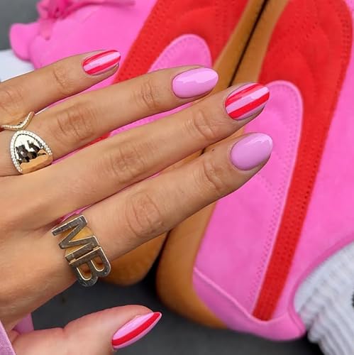 Byeokip Almond Short2 Rose Pink Press On Nails Set - Reusable Fake Nails with Stripe Design, Glossy Finish, 24 Pcs
