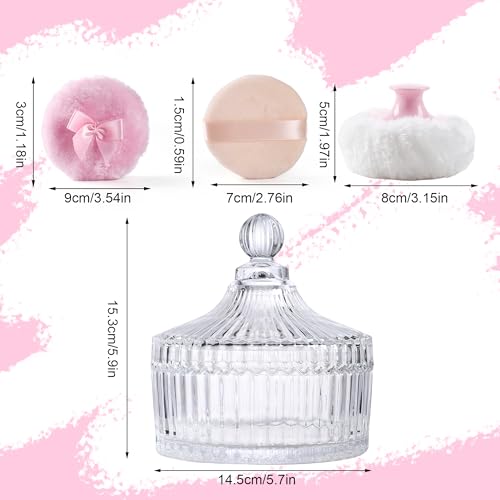 Extra Large Body Powder Puff and Container Set Crystal Powder Container with 3 Soft Velour Power Puffs for Women Baby Face Body Washable Reusable Wet Dry Makeup Valentine's Mother's Day Gifts