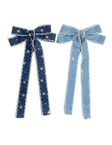 Blue Denim Hair Clip Pin Bow Girls Blue Jeans HairClip Girls Large Bows HairPin BW01 (Set J)