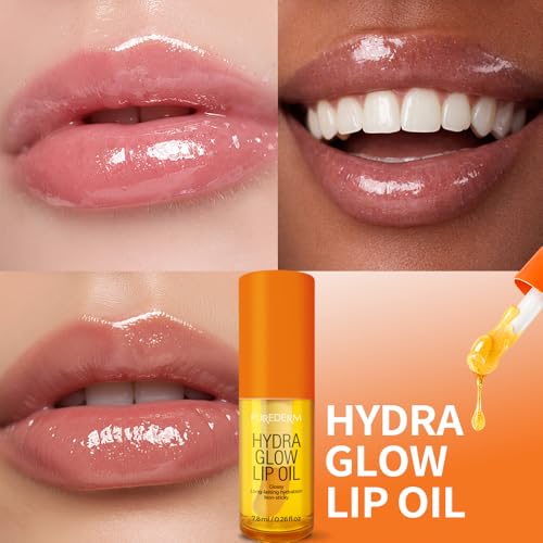 Purederm Hydra Glow Lip Oil, Clear Non-Sticky Lip Gloss, Hydrating Lip Care for Dry Lips, Day & Overnight Use (0.26 fl oz)