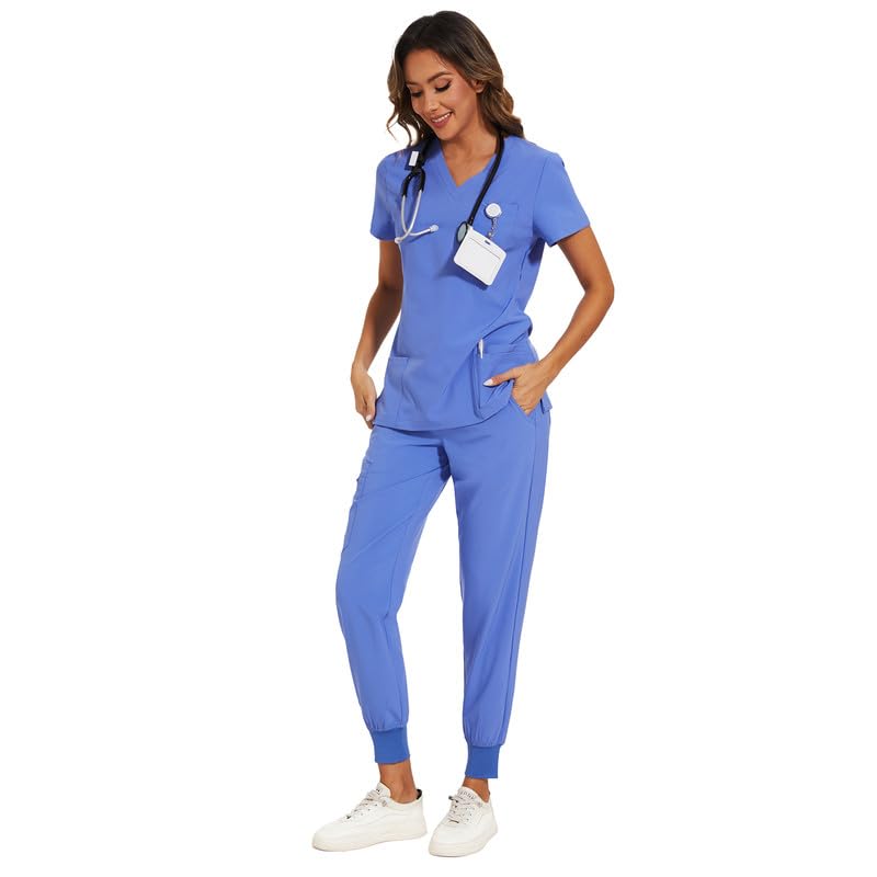 COZYFIT Scrubs for Women Set - Stretch V-Neck Scrub Top & Jogger Pant with 8 Pockets, Yoga Waistband, Anti Wrinkle, Slim Fit Women Scrubs - Ceil Blue, XS