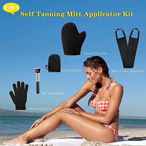 ANSPHIE 5 Pack Self Tanning Mitt Applicator Kit, Self Tan Glove, Face Tan Mitt, Back Lotion Applicator, Exfoliating Glove, Tanning Brush for Self Tanner Fake Bake Tan