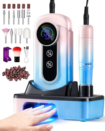 MOSKANY Professional Cordless Nail Drill Kit 45000RPM with UV Lamp & LCD