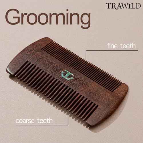 Premium Sandalwood Beard Comb with Mother of Pearl Decoration and Black Case - Traditional Craft Work & The Lux Edition for the Perfect Beard & Mustache Grooming and Gift for Men - TRAWILD (BLACK)