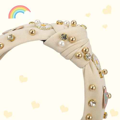 Boho Rainbow Daisy Headband - Pearl Knotted Twist Headpiece for Women & Girls, Beige, Sparkly Crystal Rhinestone