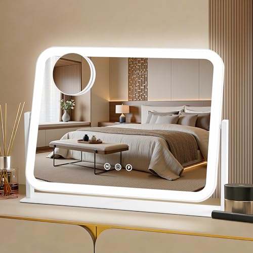Vanity Mirror with LED Lights, 17.4x13.5 Inch Professional Makeup Mirror, 3 Color Modes & Adjustable Brightness, 5X Magnifying Mirror, Smart Touch Control, 360¡Æ Rotation