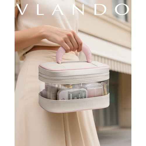 Vlando Travel Makeup Bag, Large Travel Toiletry Bag for Women Girl, Waterproof Cute Cosmetic Bag with Handle, Clear Make up Bag for Cosmetic, Brushes, Skincare-Cream White