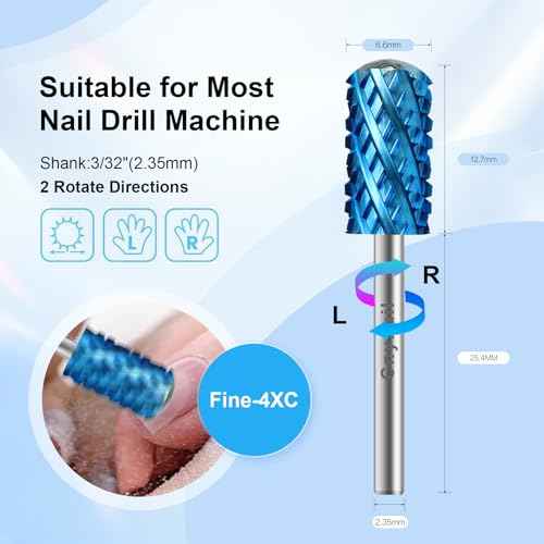 3/32" Large Barrel Smooth Round Top Tungsten Carbide Nail Drill Bit Safety Bit for Gel & Acrylic Removal, 2-Way Rotating Efile Tip, Salon Electric File Accessory (4XC Grit, Blue)