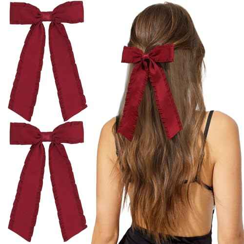 VOBOBE 2PCS Hair Bows for Women Girls, Red Tassel Hair Ribbon Bowknot Hair Clips Barrettes Hair Accessories for Girl with Long Tail (Red)