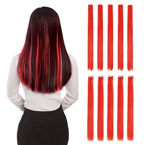 Colored Clip in Hair Extensions 22" 10pcs Straight Fashion Hairpieces for Party Highlights Red