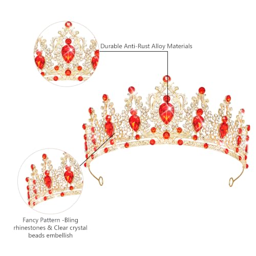 Queen Rhinestone Crown for Women - Gold & Red Bridal Tiara