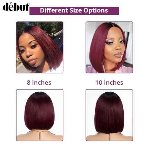 D?BUT Short Bob Wigs 1B Burgundy Lace Front Wigs Human Hair Middle Part Wigs Brazilian Virgin Straight Hair 13x4x1 T Part Wigs for Black Women 1B/99J 8 Inches
