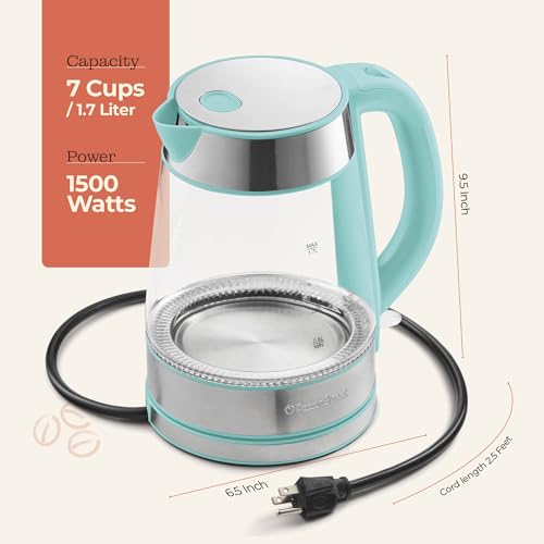 Speed-Boil Water Electric Kettle, 1.7L 1500W, Coffee & Tea Kettle Borosilicate Glass, Water Boiler, Auto Shut-Off, Cool Touch Handle, Base Detachable, LED. 360° Rotation, Boil Dry Protection (Aqua)