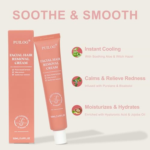 Women Facial Hair Removal Cream for Face Sensitive Skin, Painless Facial Depilatory Cream for Face, Flawless Unwanted Chin Upper Lip Hair Remover, At Home Pubic Hair Removal, 1.69 fl.oz