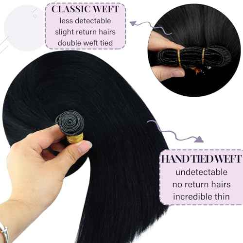 Fshine Real Human Hair Genius Weft Hair Extensions for Women Jet Black Human Hair Sew in Hair Extensions 22 Inch 60g Remy Human Hair Bundle Natural Long Straight Hair Extensions