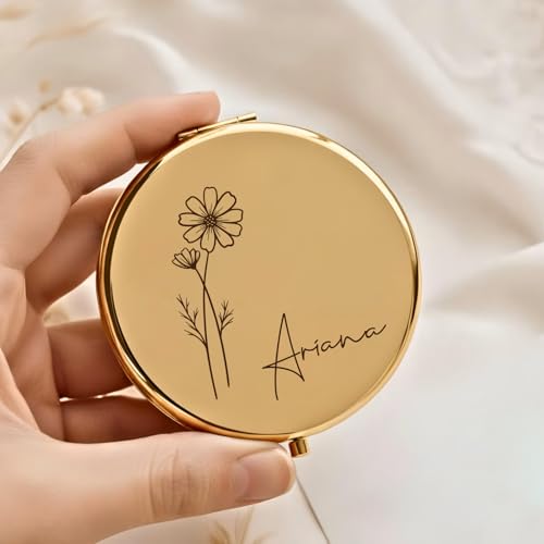 Personalized Compact Travel Mirror with Birth Flower and Name - Gift Idea