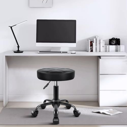 KKTONER Rolling Stool Chair, Height Adjustable PU Leather (Black)