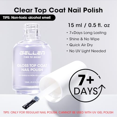 GELLEN Clear Nail Polish Top Coat – High Gloss, Quick Dry, Non-Toxic