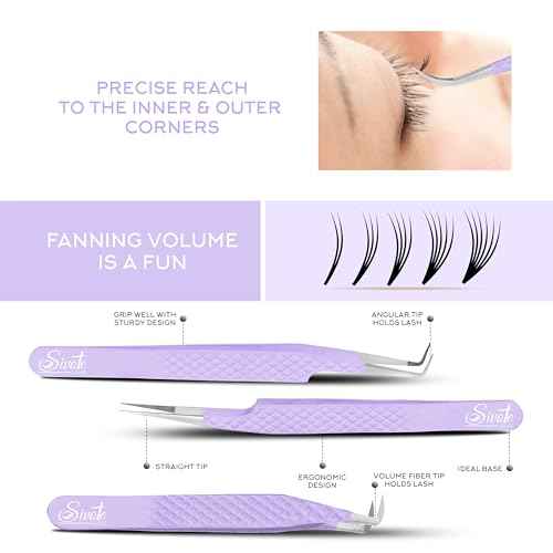 SIVOTE Lash Tweezers for Eyelash Extensions, Pack of 5 Purple ? Lash Extension Tweezers Set with Diamond Grip, Precision Fiber Tip for Volume Eyelash Extensions