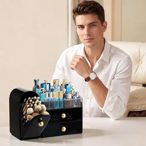 HBlife Makeup Organizer with Drawers & Brush Holder - Black & Gold