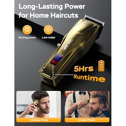 Hair Clippers for Men, Cordless & Corded Barber Clipper with 5Hrs Runtime, 7000RPM Rotary Motor & LED Display, Waterproof Professional Hair Cutting Kit for Men and Home Use (Gold)