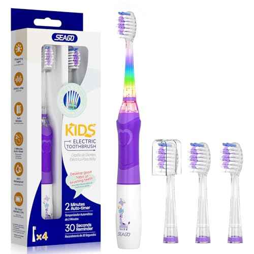 SEAGO Kids Electric Toothbrush with 2 Mins Brushing Timer and 4 Replacement Bursh Heads,Rainbow LED Light Make Brushing Fun, Purple Color Girls Battery Powerd Toothbrush for 4-12 Years Old£¬SG-977