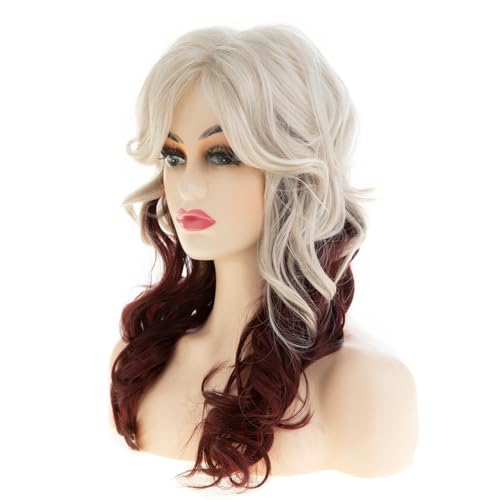 Beweig Blonde to Burgundy Wavy Wig for Women with Bangs - Heat-Resistant Synthetic Costume Hair (Variation: Blonde to Winered)