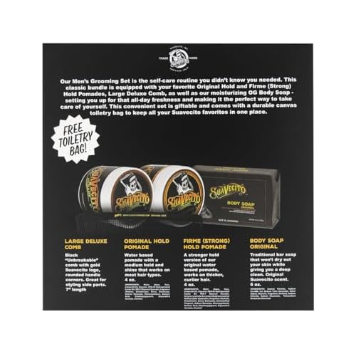 Suavecito Men's Hair Grooming Set OG & Firme (Strong) Hold Pomade, Body Soap, Large Deluxe Comb & Sand Canvas Bag