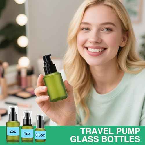 3PCS 60ML/2OZ Empty Green Frosted Glass Bottles with Pump Refillable Vial Cosmetic Dispenser Jars Storage Travel Lotion Container Portable Sample Bottle for Toiletries,Foundation,Cream,Gel,Lotion