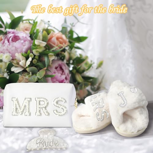 Personalized Initial Wedding Bride Slippers, Bridal Shower Gifts, to Be Gifts, Robe Hair Clip MRS Makeup Bag