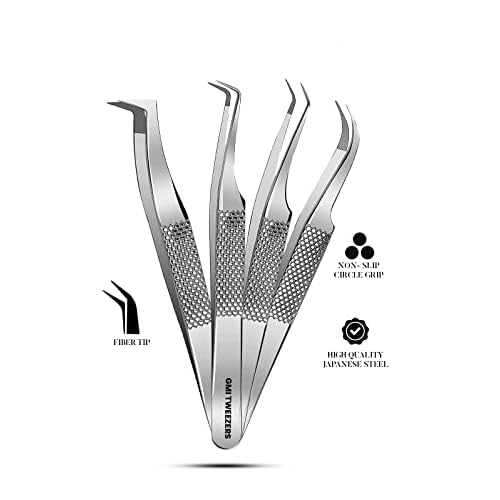 GMI Lash Tweezers ? Pack of 4 Stainless Steel Fiber Tip Eyelash Extension Tweezers