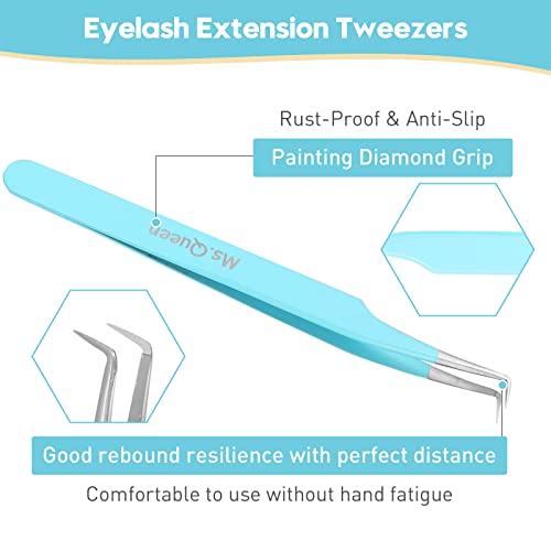 Ms.Queen Eyelash Tweezers for Extensions, 2Pcs Fiber Tip Grip 45 and 90 Degree Mega Volume Tweezers Set for Lash Extensions-Blue
