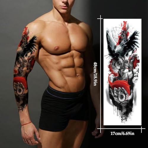 VERKSTAD 12 Sheets Large Full Arm Temporary Tattoos for Adults, Waterproof Realistic Flower Myth Angel Skull Fake Tattoos, Eagle Dragon Horse Tattoo Kits Hand Body Art for Parties Festivals Cosplay