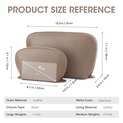 Kattee Leather Makeup Bag, Travel Cosmetic Bag Set, Toiletry Bag Organizer for Women, 2-PACK, Khaki