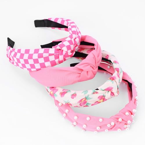Hot Pink Headbands for Women, 4-Pack Knotted & Pearl Hair Bands