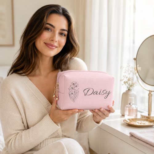 Motifool Personalized Pink Makeup Bag for Women Bridesmaid - Custom Travel Toiletry Pouch with Name & Birth Flower, Style 2