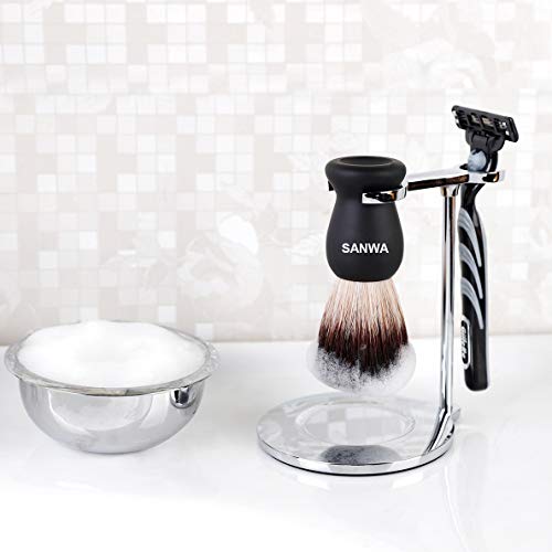 SANWA Deluxe Heavyweight Shaving Brush Razor Stand with Unbreakable Stainless Steel Shaving Bowl Set,Compatible with Gillette Fusion and Double Edge Safety Razor,Cartridge Razor