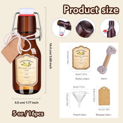 16-Pack 5oz Brown Swing-Top Glass Bottles for Vanilla Extract & Liquids